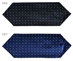 Detailed view of men's polka dot neckerchief in black and dark blue, fine polyester fabric.