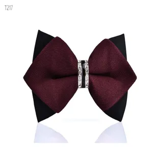 Close-up detail of men's pointed bow tie featuring crystal rhinestones and layered fabric.
