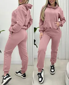 Women solid color long sleeve hoodie and sweatpants casual two piece tracksuit set for autumn.