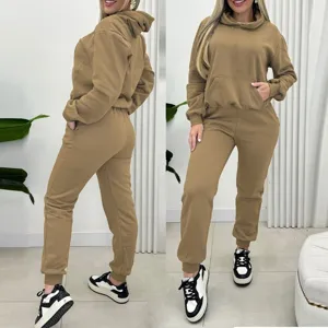 Women solid color casual long sleeve hooded sweatshirt and sweatpants two-piece set in khaki.