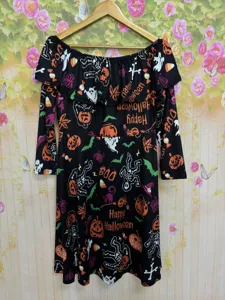 Halloween Off Shoulder Ruffled Long Sleeve Dress Black Holiday Party Costume Outfit