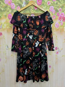 Halloween off-shoulder long sleeve black dress featuring festive pumpkin skeleton print.
