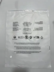 Transparent plastic poly bag detail, packaging display with safety warning text and logos.