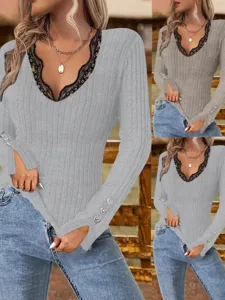 Women's Casual V-Neck Long Sleeve Slim Fit Polyester Top With Lace Splicing And Button Detail Autumn Winter Fashion Clothing