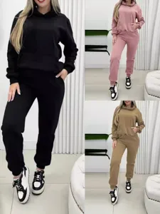 Women Casual Solid Color Long Sleeve Hoodie And Sweatpants Top And Bottom Polyester Spandex Fall Winter Tracksuit