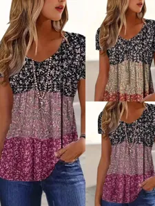 Women Casual V Neck Short Sleeve T Shirt Digital Print Floral Pullover Loose Fit Summer Fashion Top