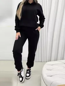 Women solid color casual long sleeve hoodie and sweatpants tracksuit two piece set