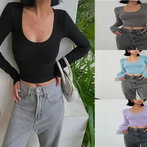 Women long sleeve crop top slim fit casual crew neck solid basic tee t-shirt top fashion