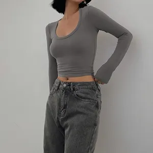 Women long sleeve crop top slim fit scoop neck casual t-shirt stylish basic daily wear spring top