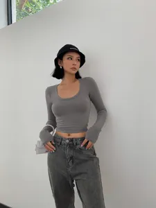 Women grey long sleeve crop t-shirt casual round neck slim top fashion basic apparel