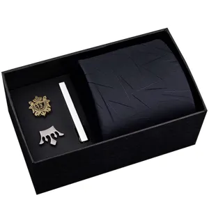 Men Business Casual Polyester Zipper Necktie Set With Metal Brooch And Tie Clip Luxury Gift Box
