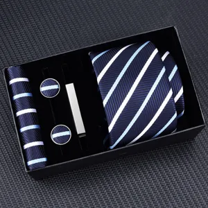 Men's necktie gift set with striped tie pocket square cufflinks and tie clip for formal wear.
