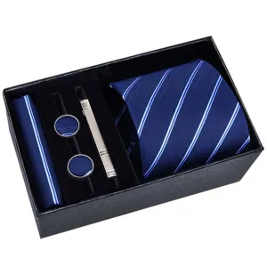 Set de corbata azul a rayas para hombre con pañuelo gemelos y pisacravatas elegante