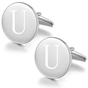 Silver tone round metal letter U engraved initial cufflinks for men business formal dress shirt