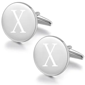 Silver round initial letter X engraved metal cufflinks for men's formal business dress shirts.