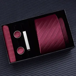 Mens burgundy striped tie set gift box with pocket square cufflinks and tie clip for wedding.