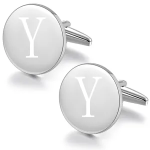 Detailed view of silver round metal cufflinks with engraved letter Y for formal shirt wear.