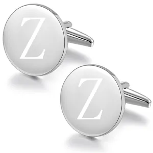 Classic round silver metal cufflinks with engraved letter Z, elegant men's business shirt accessory.