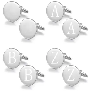 Men Business Copper Cufflinks Laser Engraved Letter Silver Plated Round Cuff Link Suit Shirt Accessories Jewelry Gift