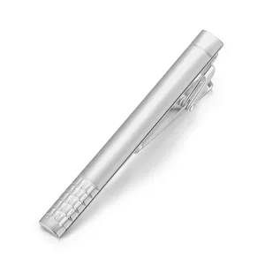Men's silver-colored tie clip with grid pattern, elegant business formal suit accessory detail