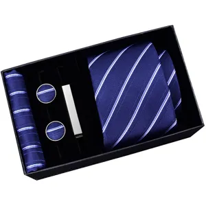 Men's classic blue striped necktie gift box set with pocket square, cufflinks and tie clip.