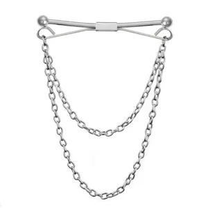 Silver tone metal shirt collar pin detail with double chain design, men fashion accessory.