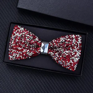Nahaufnahme Detail der Herren Kristall Strass Fliege in schwarzer Geschenkbox verpackt