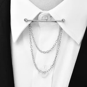 Men's metal collar pin with double layer tassel chain shirt collar clip fashion accessory
