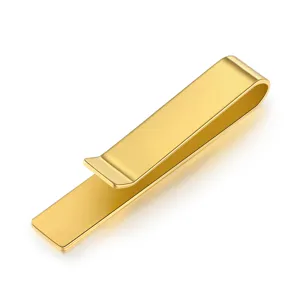 Goldfarbener Krawattenklammer Detailansicht, glatte Oberfläche Geldklammer Gravur.