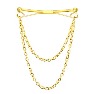 Gold metal mens shirt collar pin with double chain drape detail, elegant fashion accessory.