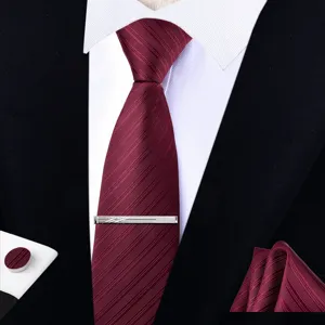 Vista detallada de la corbata de hombre burdeos con textura de rayas, pisacravatas y gemelos.