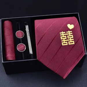 Set regalo corbata hombre roja 5 piezas con doble simbolo felicidad para boda negocios