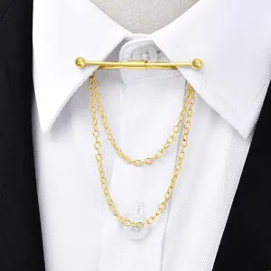 Detailed view of a gold-toned men's shirt collar pin with double chain tassel for formal business wear.