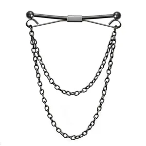 Men black metal shirt collar pin detail view, double chain collar clip accessories.