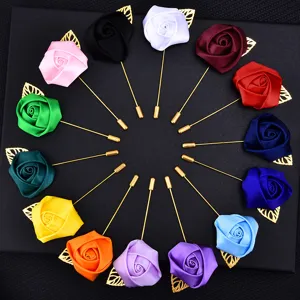 Multicolor satin rose lapel pin set with gold stem and leaf design for wedding groom and event decor