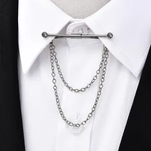 Men's stylish metal shirt collar pin bar with double dangling chains fashion accessory