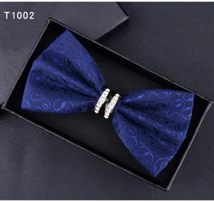 Vista dettagliata del papillon blu elegante con clip centrale in strass scintillanti.