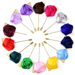 Multicolor satin rose lapel pin brooch with metal stem and leaf for wedding party event decor