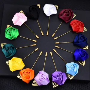 Multi-color satin rose lapel pin with gold leaf, elegant brooch for wedding party suit decor
