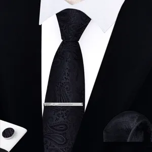 Conjunto de corbata paisley negra para hombre con gemelos, pisacravatas y pañuelo.