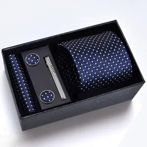 Set de regalo de corbata para hombre con corbata con patrón azul, pañuelo, gemelos y pinza.