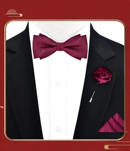 Wine red bow tie pocket square lapel flower set for men wedding groom formal suit wear.