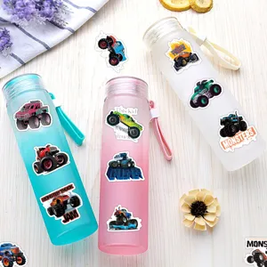Monster truck cartoon graffiti waterproof stickers set for water bottle and laptop decor.