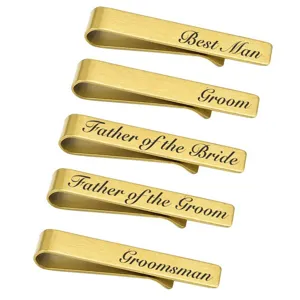 Stainless Steel Tie Clip Brushed Gold Finish Laser Engraved Letter Wedding Business Men Necktie Bar Jewelry