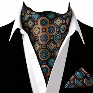 Detailopname van heren vintage geometrische bloemen ascot das en pochet set accessoires.