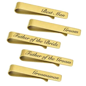 Gold stainless steel tie clips set with laser engraved wedding roles for men groom best man.