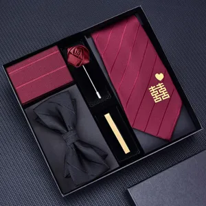 Groom wedding tie set 5 pieces burgundy tie pocket square bow tie tie clip lapel pin