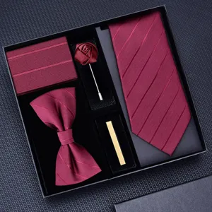 Burgundy men's wedding tie set 5-piece pre-tied bowtie pocket square lapel pin