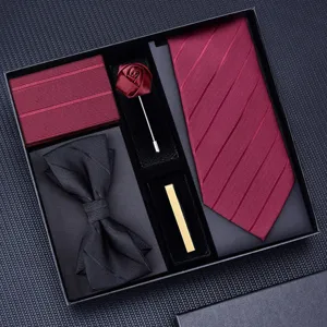 Men Wine Red Jacquard Necktie Set For Wedding Groom Formal Business Suit With Pocket Square Brooch Tie Clip