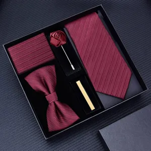 Mens burgundy silk feel necktie bow tie pocket square lapel pin tie clip gift set